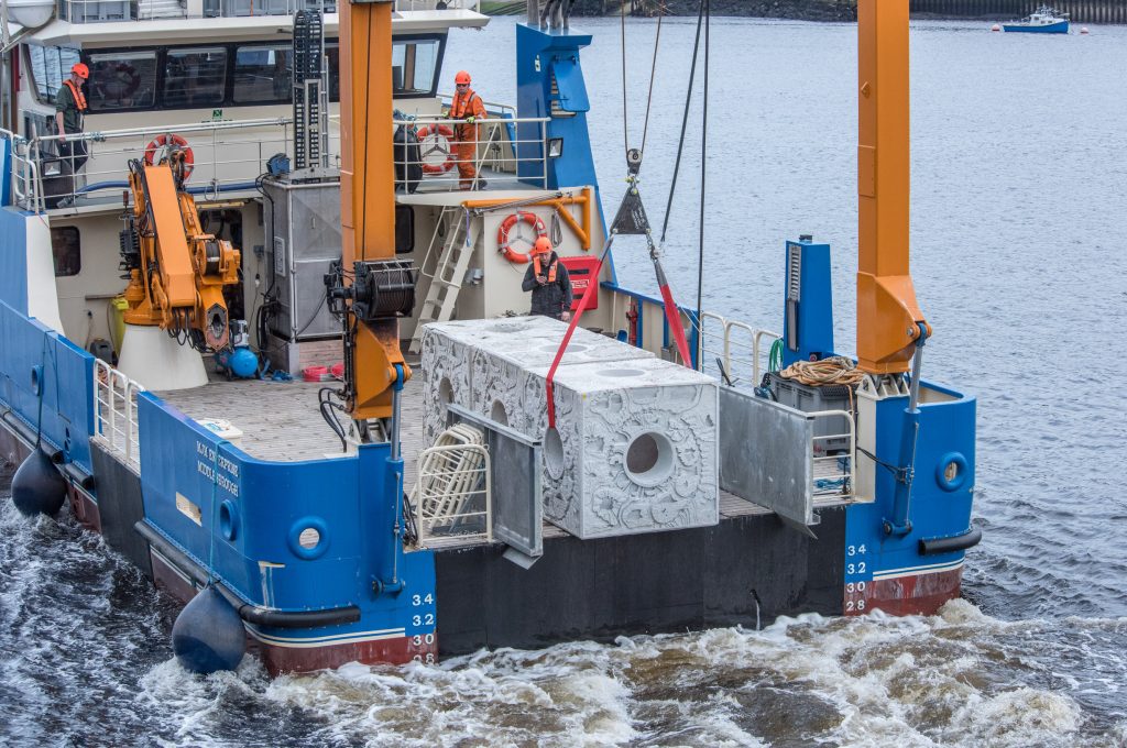 Artificial oyster reef structures being deployed from a vessel in the North Sea off the coast of South Tyneside

Photo credits to Gilbert Johnson